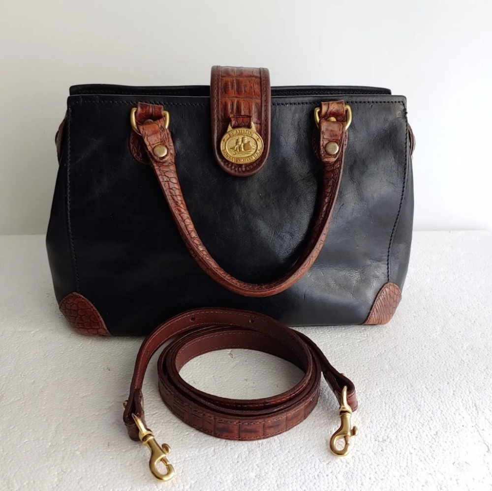 Brahmin Black Leather Alligator Trim Classic Satchel Handbag Shoulder Purse Vtg